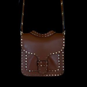Rebecca Minkoff Brown Leather Gold Studded Top Handle Crossbody Bag